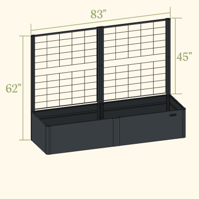 17-inch tall 27 by 83-inch modern raised bed with privacy trellis