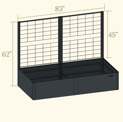 17-inch tall 42 by 83-inch modern raised bed with privacy trellis