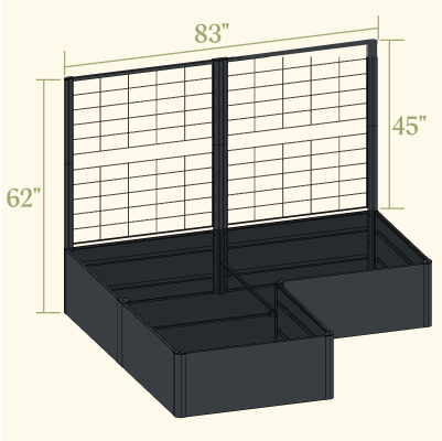 17-inch tall 83 by 83-inch L-shaped modern raised bed with privacy trellis