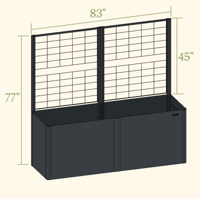32-inch tall 27 by 83-inch modern raised bed with privacy trellis