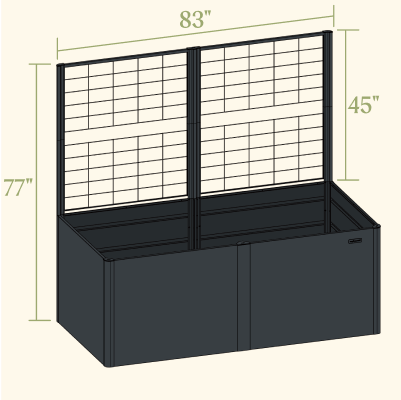 32-inch tall 42 by 83-inch modern raised bed with privacy trellis