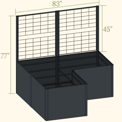 32-inch tall 83 by 83-inch L-shaped modern raised bed with privacy trellis