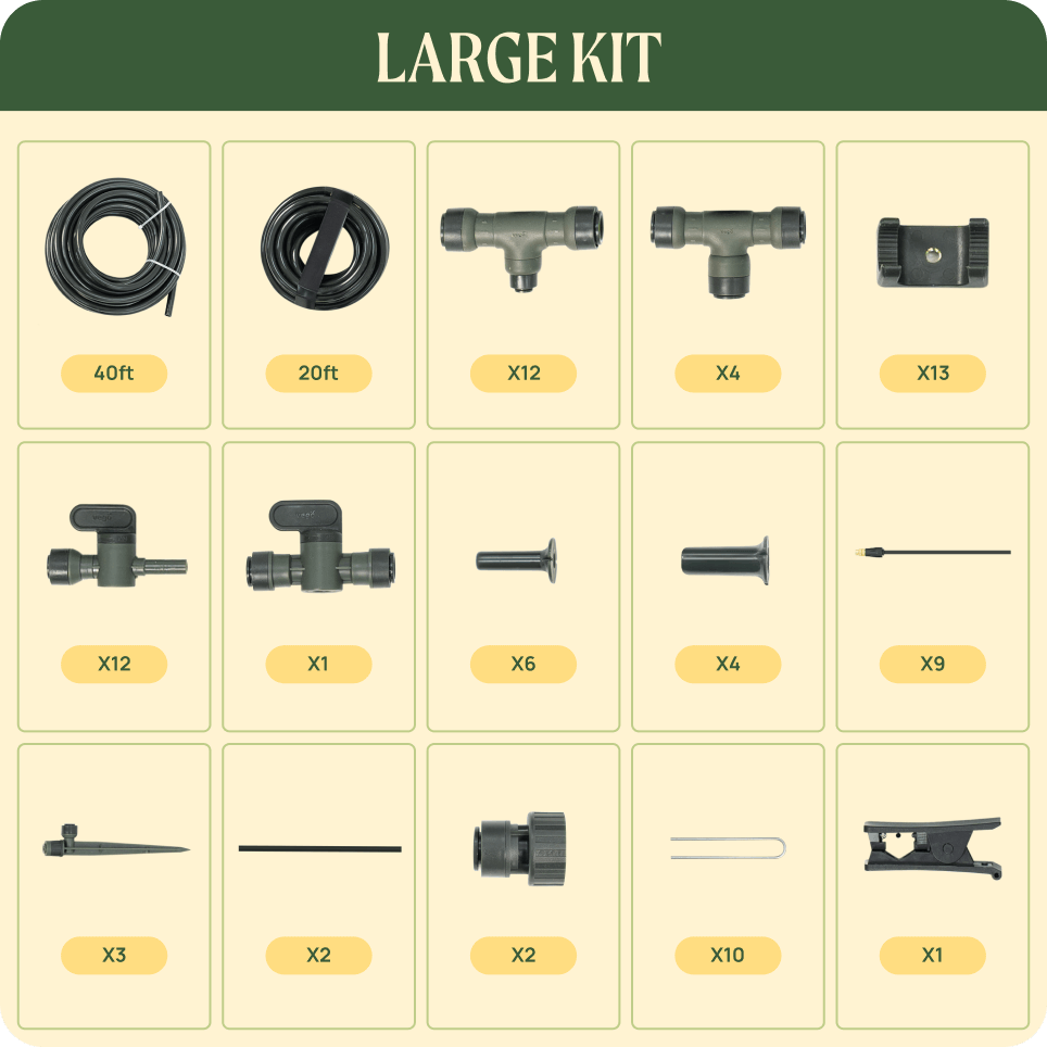 Vego Irrigation Large Kit included components and quantities