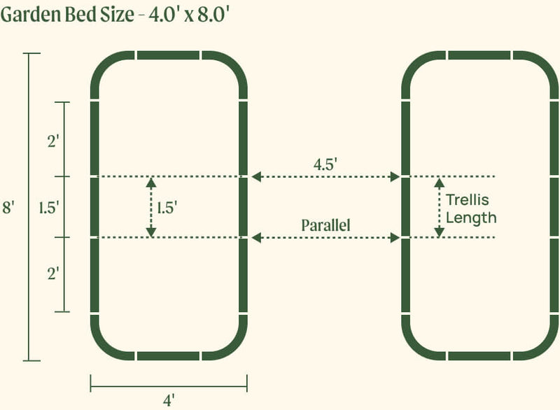 4.0 by 8.0 foot beds with 1.5 foot trellis